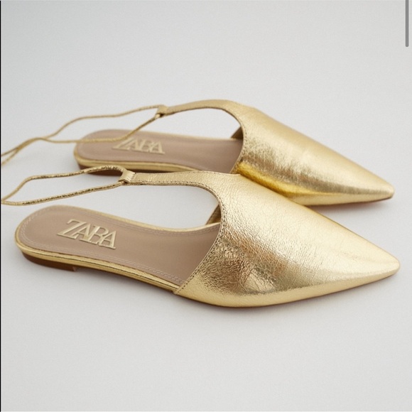 Zara | Shoes | Zara Metallic Gold Pointed Toe Lace Up Mule Flats | Poshmark